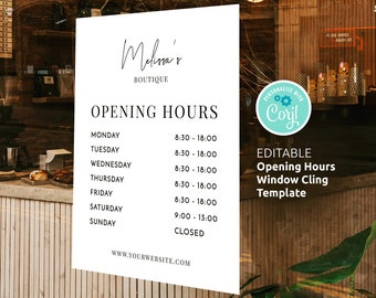 Opening Hours Sign Template, Minimalist Shop Window Decal Printable, Business Opening Times Poster 8.5x11" and 18x24", Instant Access, M-002
