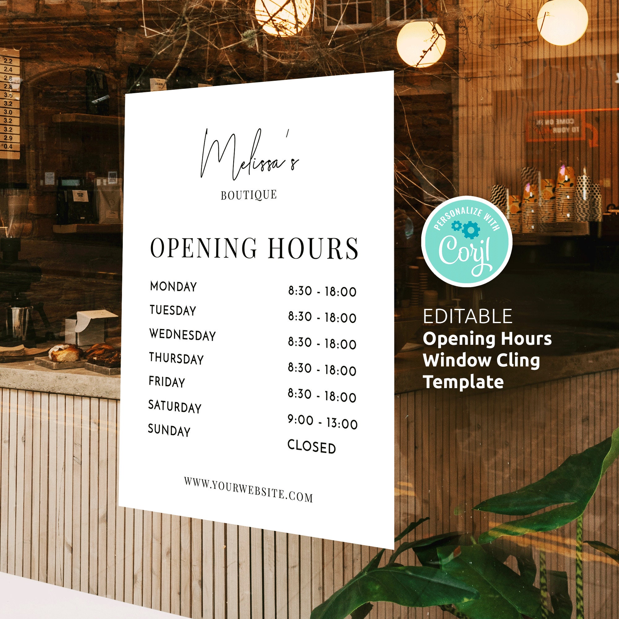 Opening Hours Sign Template, Minimalist Shop Window Decal Printable ...