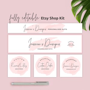 Puede incluir: Un conjunto de gráficos de tienda Etsy editables con un diseño de acuarela rosa con el texto "Jessica's Designs" y "Regalos personalizados". Los gráficos incluyen una pancarta, un encabezado y tres iconos cuadrados para redes sociales.