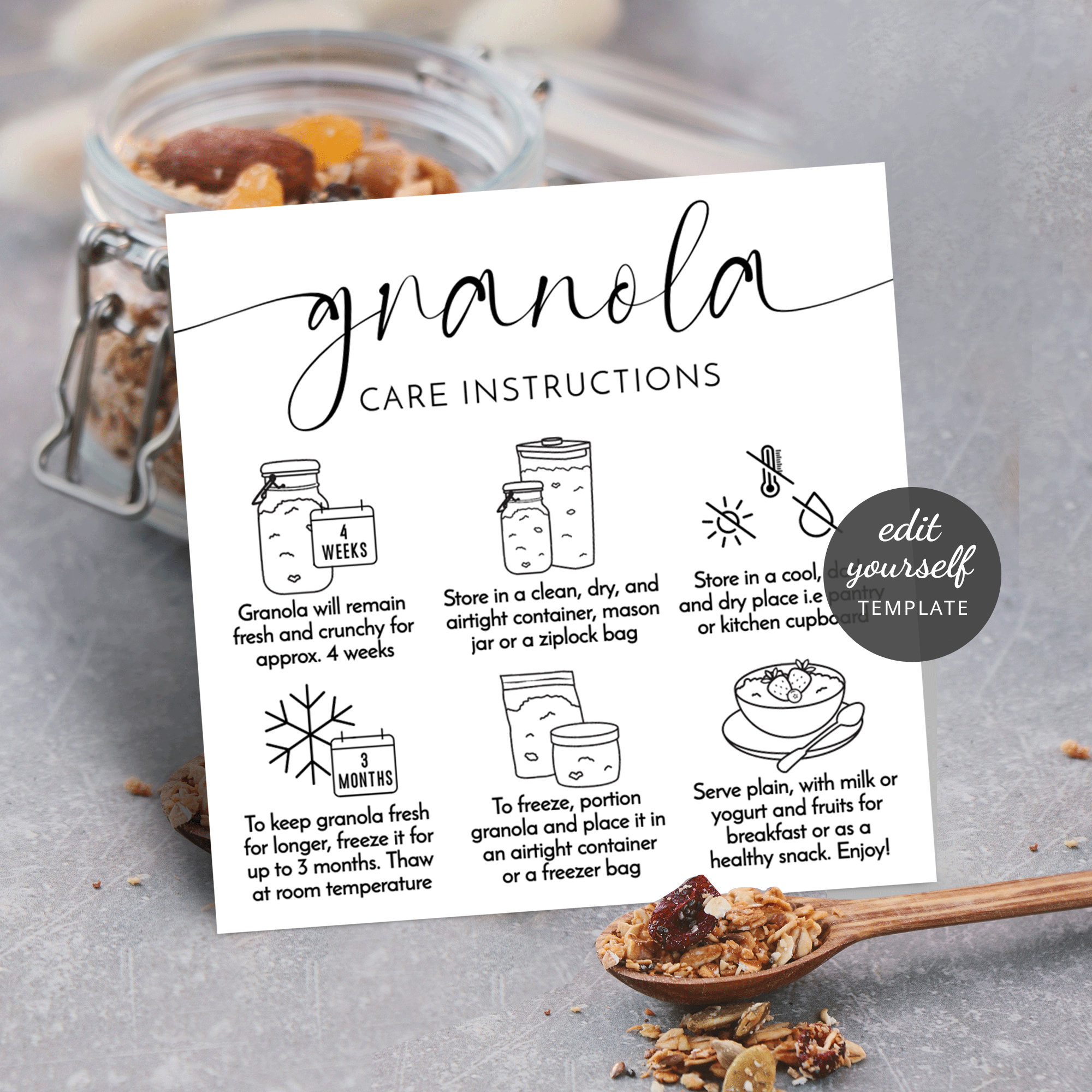 Sjabloon onderhoudsgids voor minimale muesli, bewerkbare bewaarinstructies zuurdesemmuesli, afdrukbare onderhoudskaarten muesli, bakkerijnotitie M-004