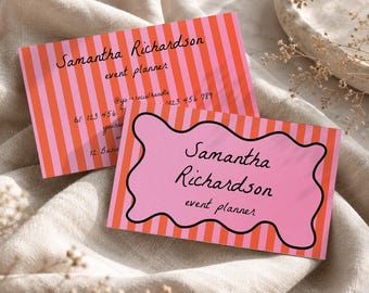 Retro Red & Pink Business Cards: Groovy Stripes Colorful Calling Cards With Handwritten Fonts