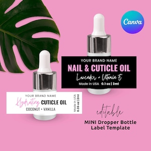 May include: Two mini dropper bottles with white tops and silver collars are displayed against a pink background. One bottle is labeled "Nail & Cuticle Oil" with lavender and vitamin E, the other is labeled "Hydrating Cuticle Oil" with coconut and vanilla.