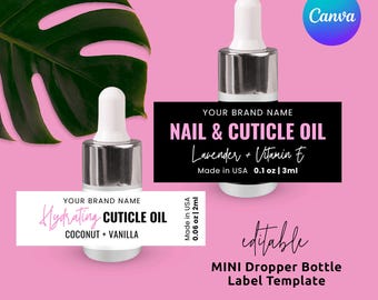 Plantilla de etiqueta para frasco gotero MINI Canva: pegatinas para viales de aceite para cutículas en rosa y negro femenino de 1 ml, 2 ml, 3 ml y 5 ml, descarga digital