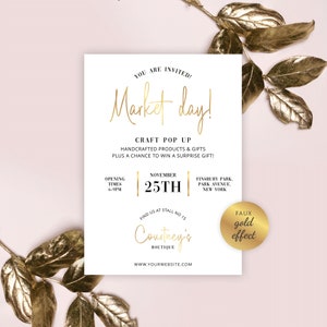 Szablon ulotki DIY Market Day, sztuczne zaproszenie na stoisko targowe Gold Market, edytowalna ulotka promocyjna stoiska z rękodziełem, drukowany plakat marketingowy firmy GF-01
