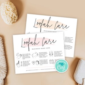 May include: A pink and white printable guide with instructions on how to care for a loofah. The guide includes illustrations of how to wash, dry, and disinfect a loofah. The text includes the phrase "Loofah Care" and "Personalize with Coril".