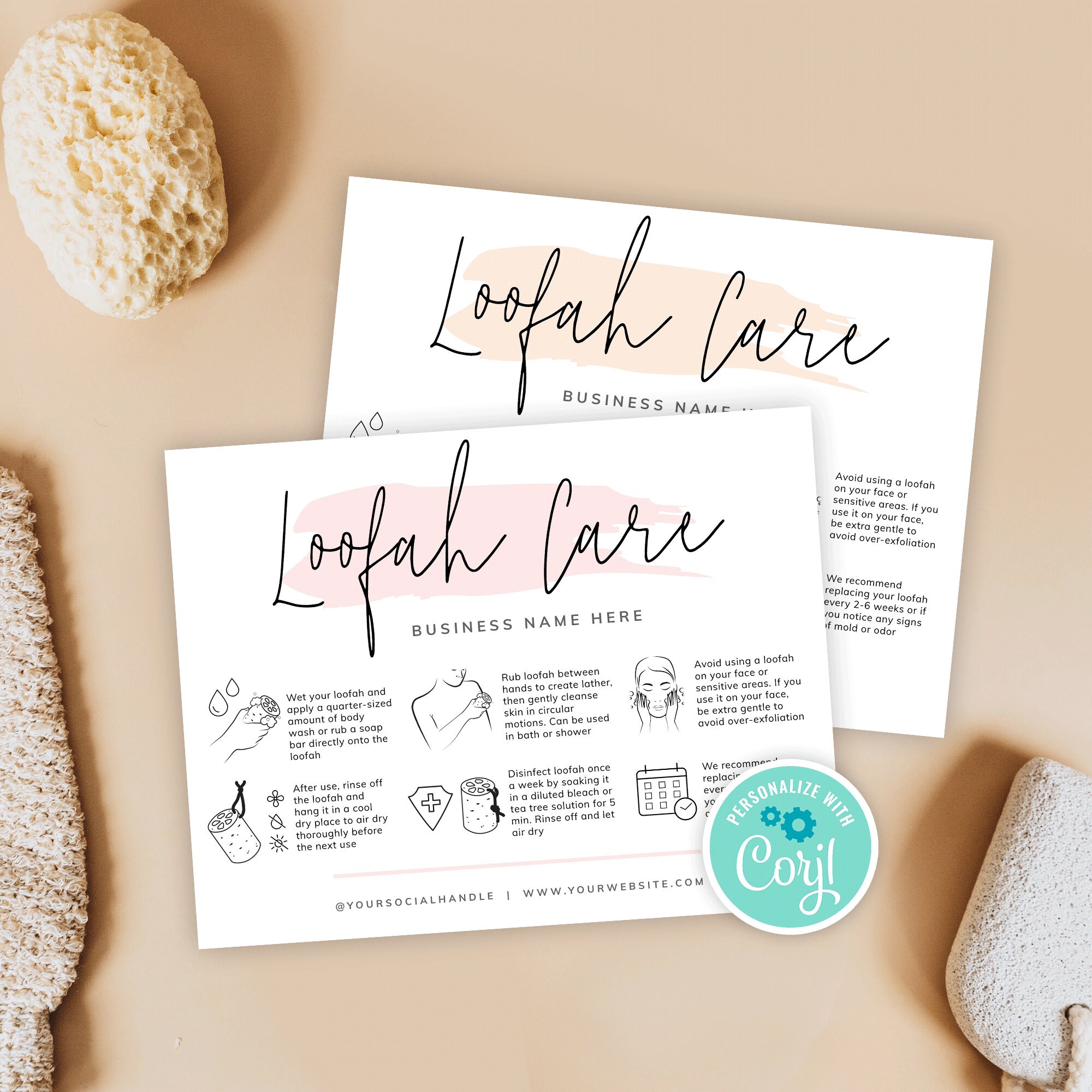 Editable Luffa Care Card Template, Printable Loofah Care Guide, Printable Body Pouf Instructions, Feminine Shower Scrubber Care Note, PW-001