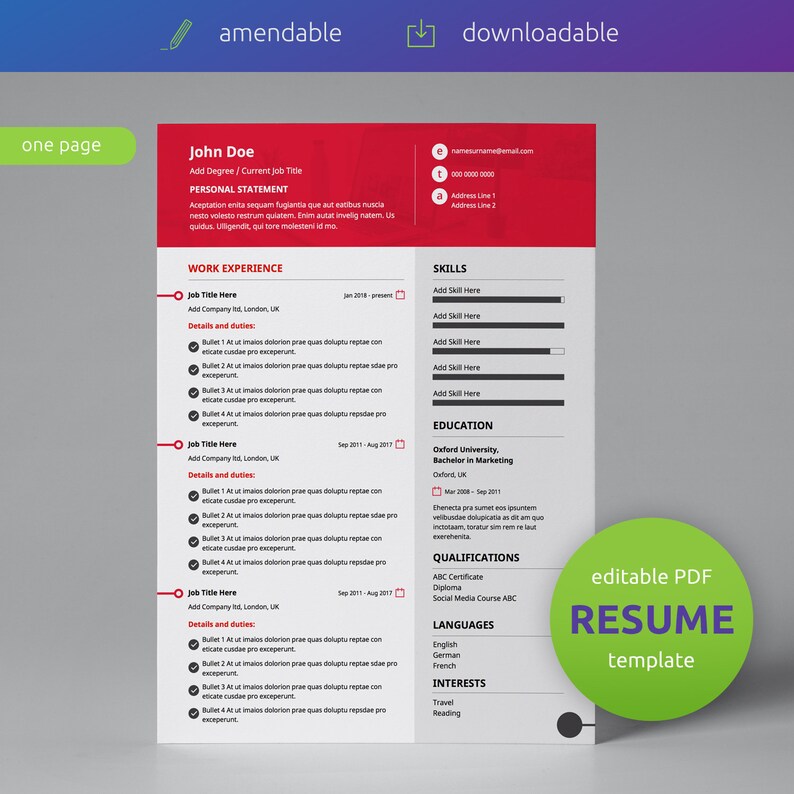 Single Page CV CV Curriculum Vitae Instant Download Modern Resume Template Creative Resume Template CV Design Resume Template