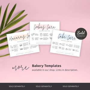 May include: Three printable bakery care cards with instructions for cookies, cakes, and macarons. The cards are white with black text and illustrations. The text on the cards reads "Cookies Care", "Cake Care", and "Macarons Care". The cards are on a pink background with a green plant in the top left corner. The text "Sold Separately" appears in a white box with a black border on the top right corner of the image. The text "More Bakery Templates" appears in black text on a white background below the cards. The text "available in our shop. Links in description." appears in black text on a white background below the text "More Bakery Templates".