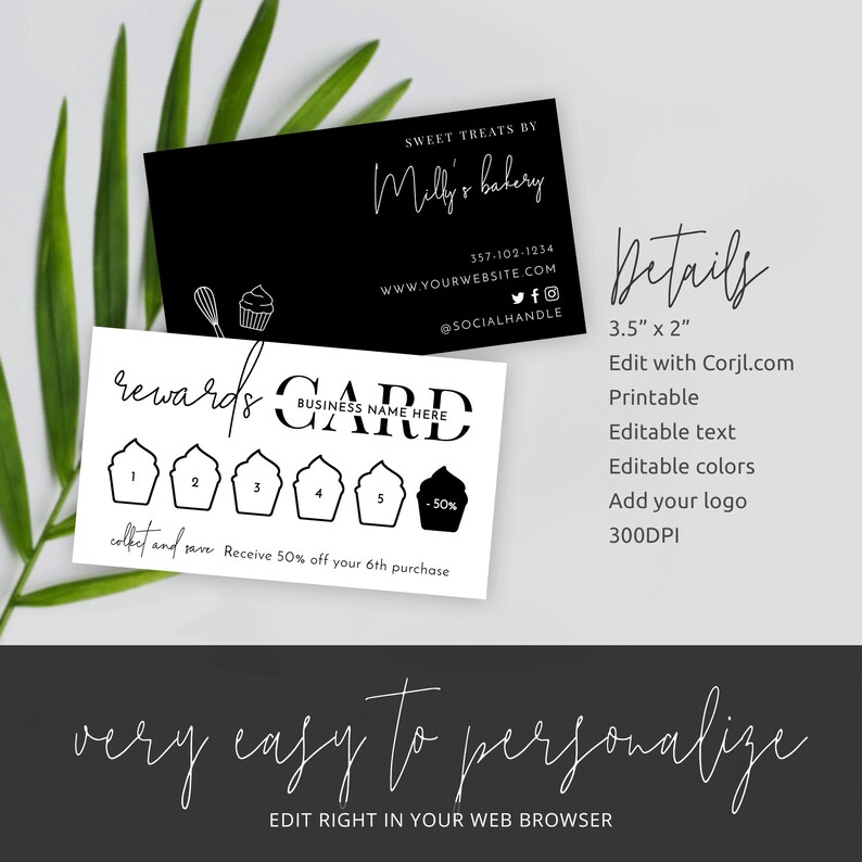 Cupcake Loyalty Card Template, Bakery Stamp Cards, Minimalist Coffee Shop Rewards Card, Editable Customer Discount Punch Cards, M-002 image 5