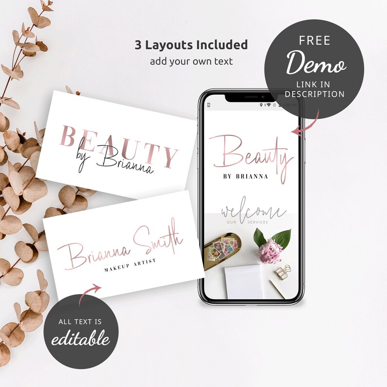 Rose gold branding kit template with cursive style text. Three beauty salon logo designs are displayed, two on printed business cards and the third on a mobile - this shows the possible uses of this metallic luxury boutique premade logo template