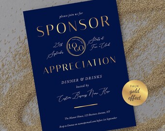 Plantilla de invitación para el Día de agradecimiento a los patrocinadores: folleto de marketing para cena con clientes empresariales en azul marino, dorado, verde y negro.