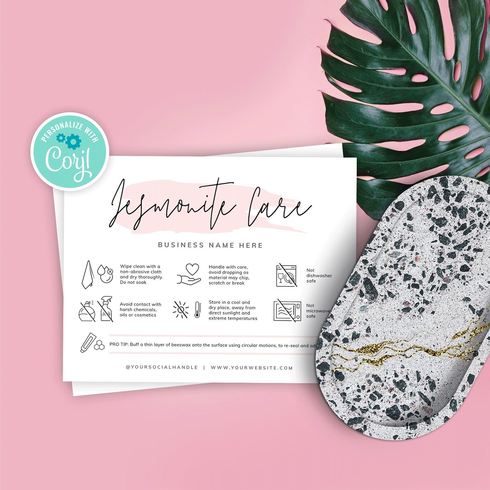 Jesmonite Care Card Template, Editable Terrazzo Tray Care Instructions