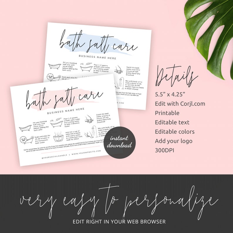 Bath Salts Care Card, Editable Epsom Salts Care Guide Template, Printable Bath Soak Safety Note, How To Use Bath Salt Instructions, PW-001 image 6