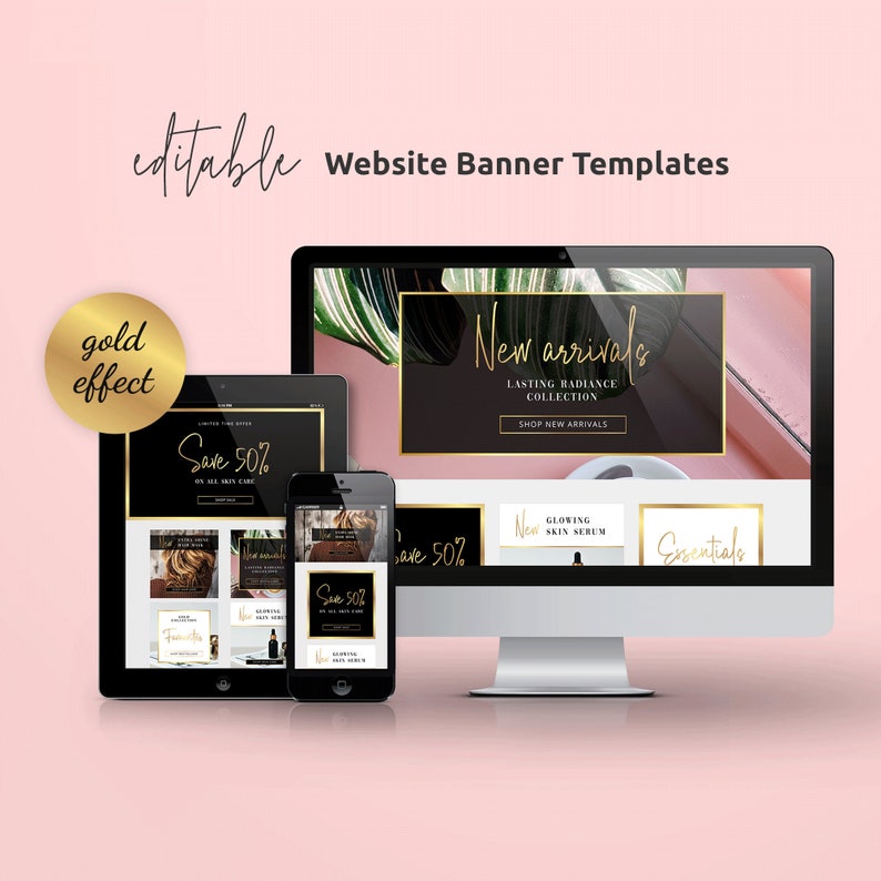 Pu&ograve; includere: Modelli di banner per siti web con effetto oro. I banner presentano uno sfondo nero con testo e immagini dorati. Il testo sui banner include "Nuovi arrivi", "Collezione Radiance Duratura", "Acquista nuovi arrivi", "Siero per la pelle luminosa" e "Essentials".