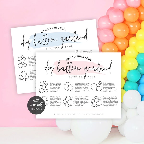 DIY Balloon Garland Kit Instructions Template, How To Build Balloon Arch and Wall Mounting Guides, Custom Balloon Artist Care Card, PW-001