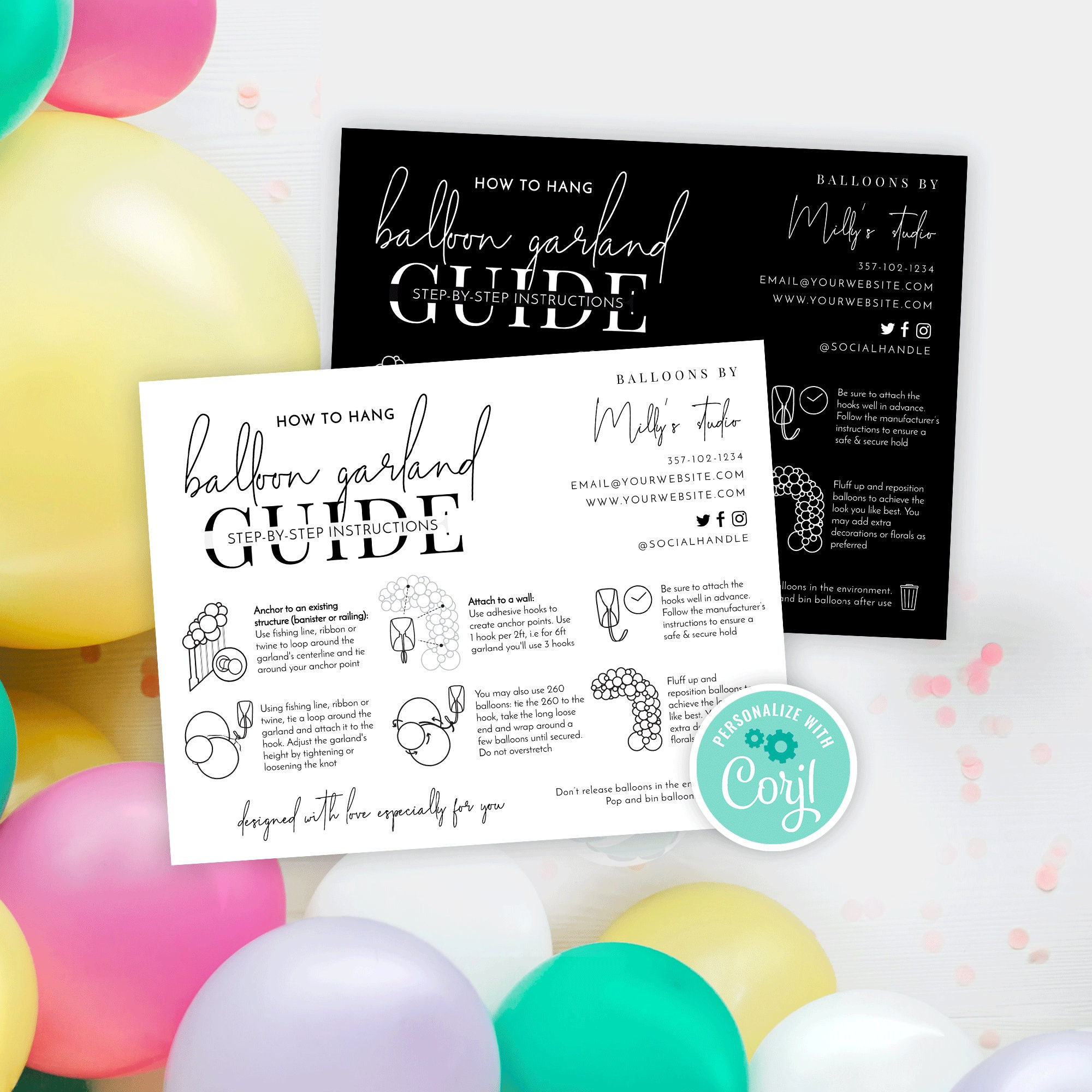 How to Balloon Garland Instructions Template, Minimalist Balloon Arch Wall  Mounting Guide, Printable Balloon Artist Care Cards, M-002 