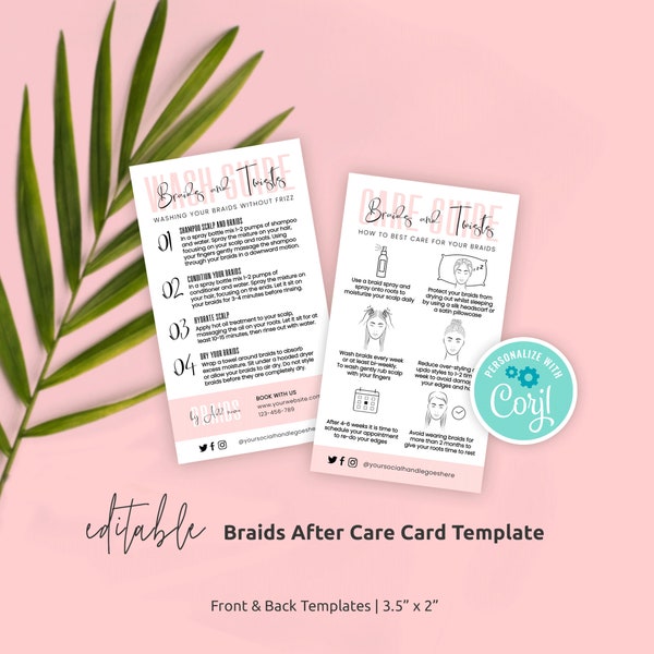 Braids Care Card Template, Editable Braids Care Guide, Feminine Hair Braids Washing Instructions, Printable Hair Plaits and Twists Care, P01