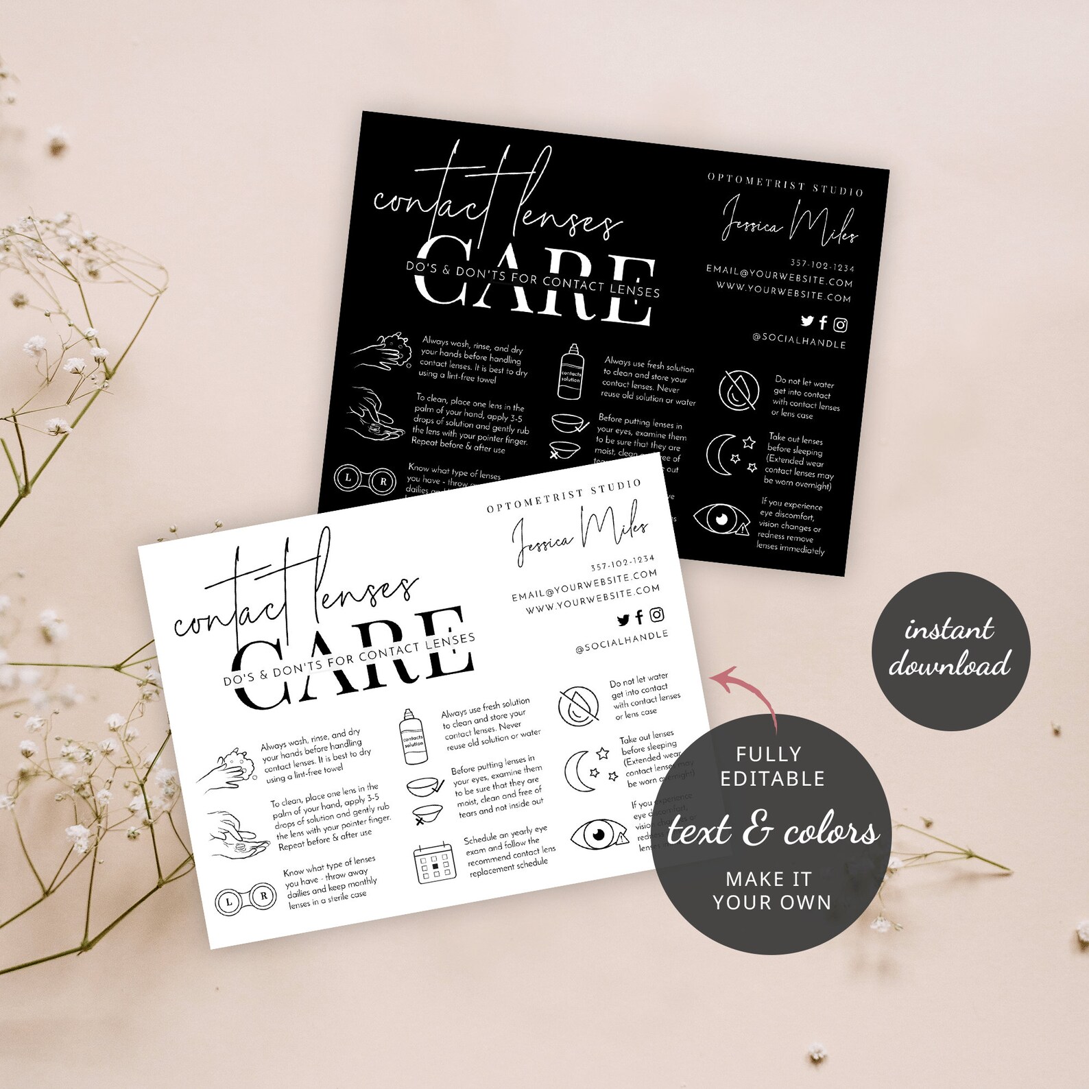 Contact Lenses Care Card Template, Editable Contacts Care Guide ...