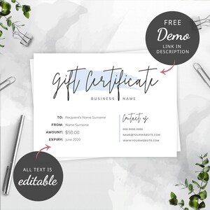 Gift Certificate Template, Editable Gift Card Template, Digital Gift Voucher Template, Feminine Shop Gift Card Template, Printable, PW-001 image 4