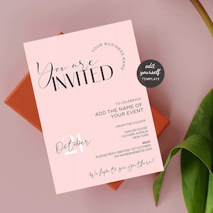Feminine Sie sind eingeladen Vorlage, bearbeitbarer Business Party Flyer, moderne digitale Einladung in Blush Pink Company, elegante Schriftarten