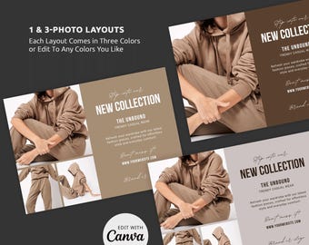 Canva-mall för marknadsföringsflyer för företag, produktlanseringsbroschyr med foton, neutral beige stil, redigerbart tillkännagivandekort för ny kollektion