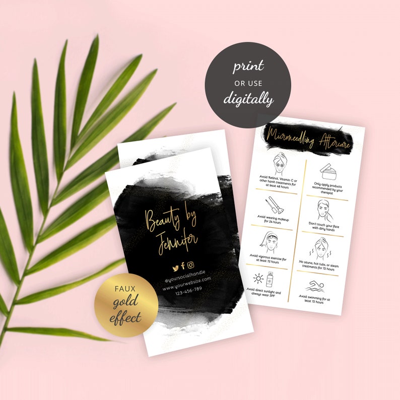 Puede incluir: Tarjeta de visita en blanco y negro con texto dorado que dice "Beauty by Jennifer" e incluye identificadores de redes sociales y una direcci&oacute;n de sitio web. Una tarjeta separada enumera "Microneedling Aftercare" con una lista de instrucciones en blanco y negro con acentos dorados.