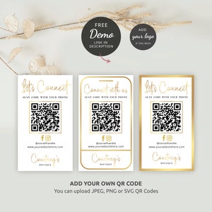 May include: Three gold and white business cards with a QR code, social media icons, and the text "Let's Connect" and "Connect with us". The cards also include the text "Courtney's Boutique".