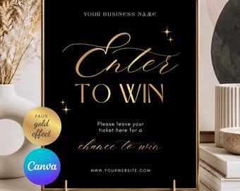 Faux Gold Raffle Sign Canva Template: Black & Gold Enter to Win Poster 8" x 10" Digital Download