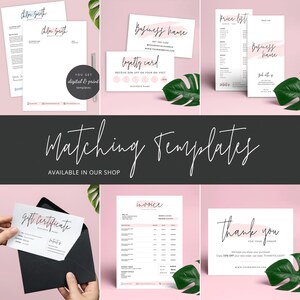 May include: A set of printable business templates in pink and white with a brush stroke design. The templates include a letterhead, loyalty card, price list, gift certificate, invoice, and thank you card. The text on the templates includes "Business Name", "You Get Digital & Print Templates", "Loyalty Card", "Receive 50% Off On Your 8th Visit", "Price List", "Gift Certificate", "Invoice", and "Thank You".