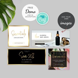 Pu&ograve; includere: Quattro grafiche per i social media per un marchio di cura della pelle. La prima grafica presenta una cornice dorata con il testo "Essentials Collection" e un pulsante che dice "Shop Collection". La seconda grafica presenta una grafica in bianco e nero con il testo "Save 50% on all skin care" e un pulsante che dice "Shop Sale". La terza grafica presenta uno sfondo rosa con il testo "New Arrivals Lasting Radiance Collection" e un pulsante che dice "Shop Bestsellers". La quarta grafica presenta uno sfondo bianco con il testo "New Glowing Skin Serum" e un pulsante che dice "Shop Skin Care".