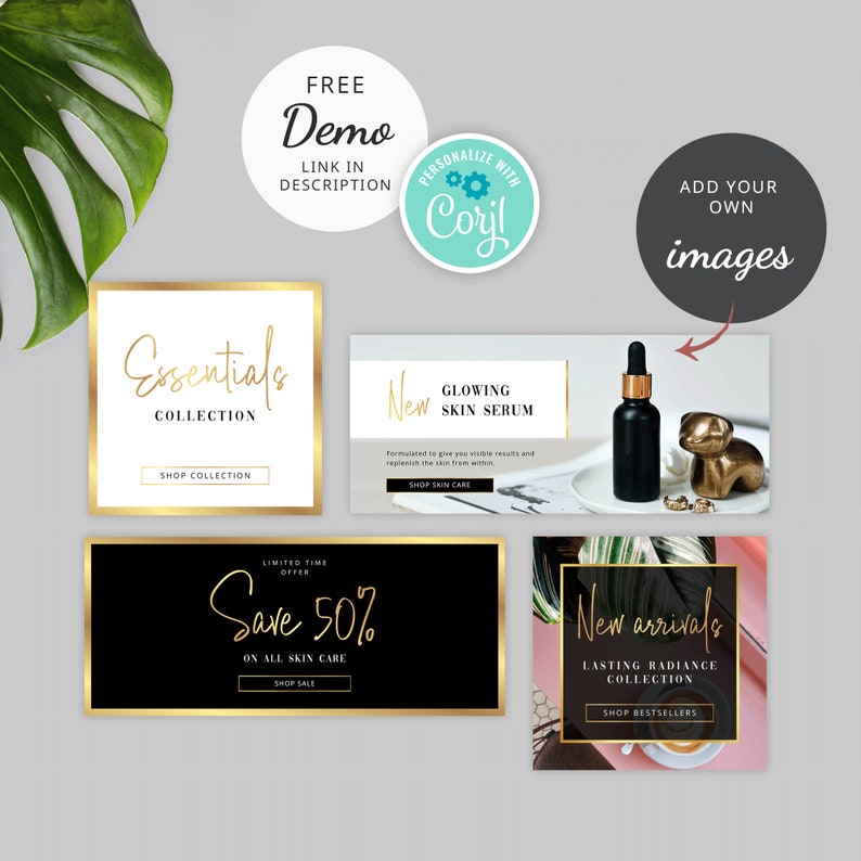 Pu&ograve; includere: Quattro grafiche per i social media per un marchio di cura della pelle. La prima grafica presenta una cornice dorata con il testo "Essentials Collection" e un pulsante che dice "Shop Collection". La seconda grafica presenta una grafica in bianco e nero con il testo "Save 50% on all skin care" e un pulsante che dice "Shop Sale". La terza grafica presenta uno sfondo rosa con il testo "New Arrivals Lasting Radiance Collection" e un pulsante che dice "Shop Bestsellers". La quarta grafica presenta uno sfondo bianco con il testo "New Glowing Skin Serum" e un pulsante che dice "Shop Skin Care".