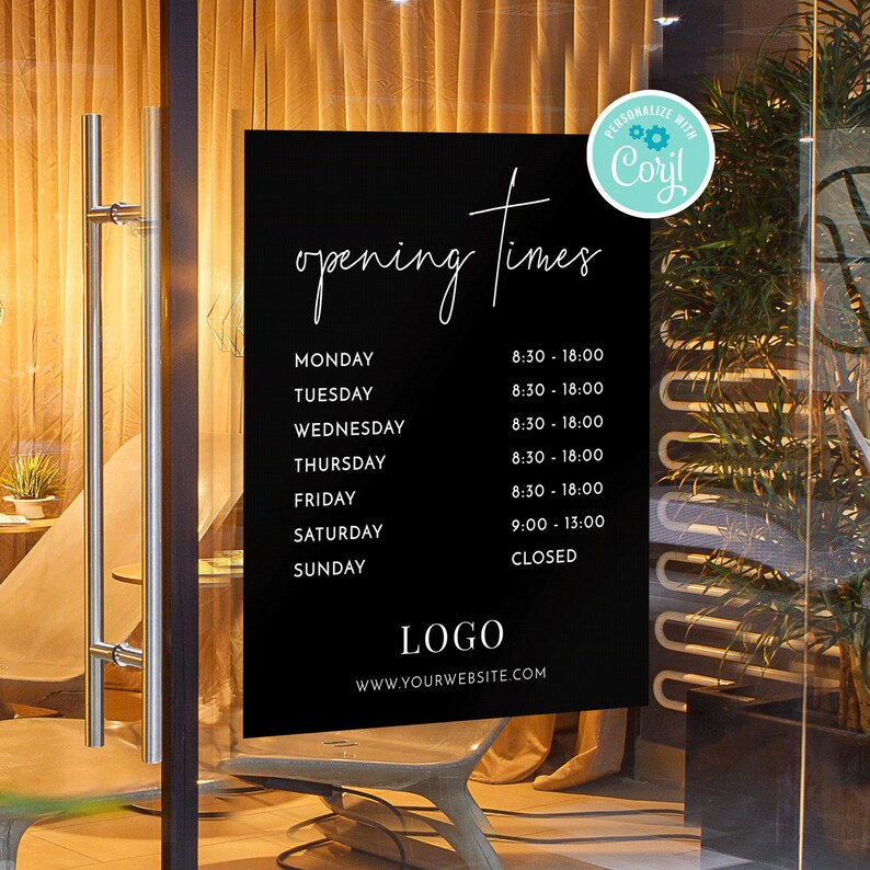 Opening Hours Sign Template, Minimalist Shop Window Decal Printable ...