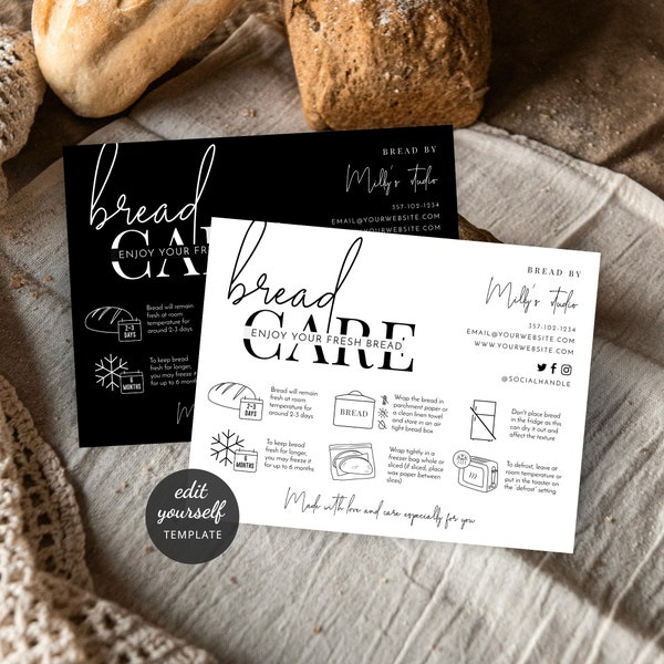 Bread Care Instructions Card Template, Minimalist Loaf of Bread Storage Guide Customizable, Black & White, Printable Bakery Care Note, M-002