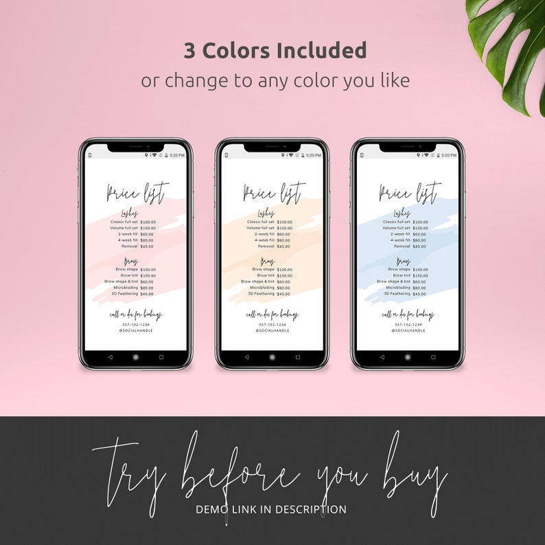 Instagram price list template in pink, blue and cream with modern handwritten font and waterbrush background. This editable instagram story price guide is 1920x1080px in size and can be posted on social media or send as a text message pricing menu