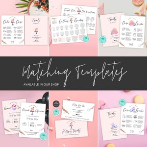 May include: A collection of printable templates for bakery businesses. The templates feature watercolor illustrations of cakes, cookies, and other treats. The templates include a cake care guide, a cookie care guide, a cutting guide, a treats menu, and a grand opening invitation. The templates are available in a variety of colors and designs.