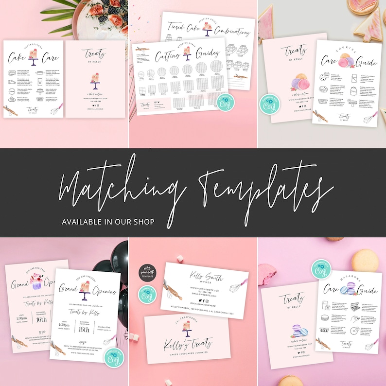 May include: A collection of printable templates for bakery businesses. The templates feature watercolor illustrations of cakes, cookies, and other treats. The templates include a cake care guide, a cookie care guide, a cutting guide, a treats menu, and a grand opening invitation. The templates are available in a variety of colors and designs.