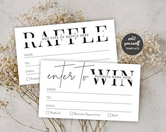 Edytowalny szablon losu na loterię, szablon Enter To Win, żeton na loterię biznesową, karta wstępu do losowania nagród do druku, minimalistyczny design M-002