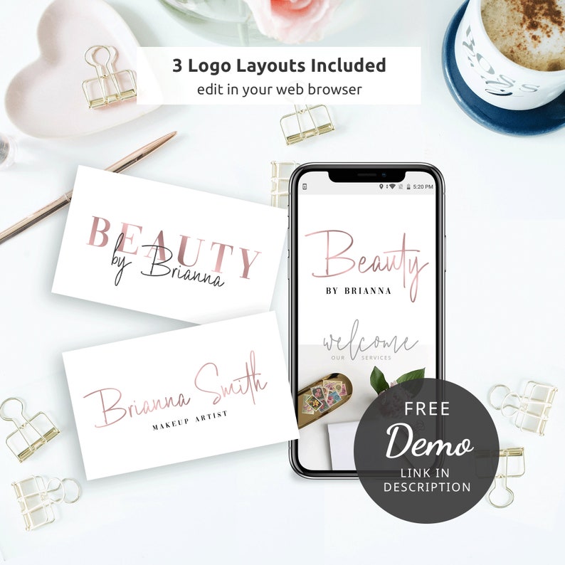 May include: Three logo designs for a makeup artist named Brianna Smith. The logos feature a rose gold colour scheme and different font styles. The first logo says "Beauty by Brianna" in a bold, sans-serif font. The second logo says "Brianna Smith Makeup Artist" in a cursive font. The third logo says "Beauty by Brianna" in a cursive font and includes the text "Welcome to our services".