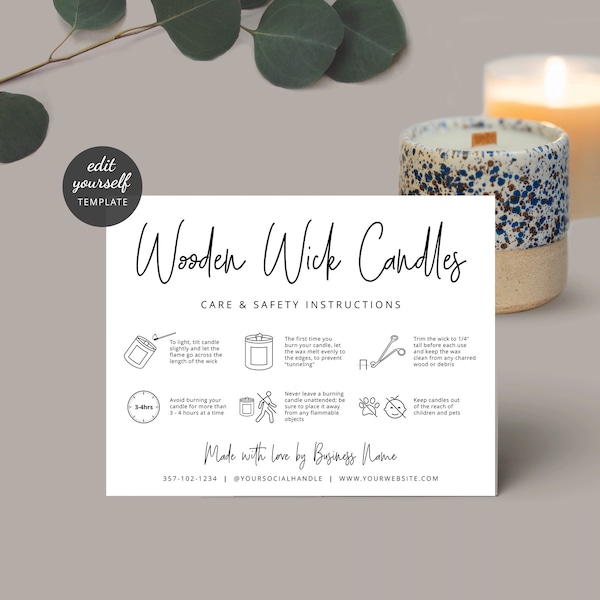 Wooden Wick Candle Safety Guide, Candle Care Card Template, Minimalist Wooden Wick Candle Warning Instructions, Black & White, Instant M-001