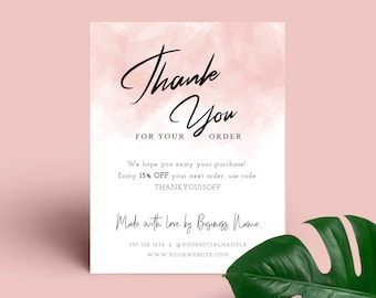 Editable Thank You for Order Cards, Printable Thank you card template, Customer Thank you note, DIY thank you package inserts, Watercolour