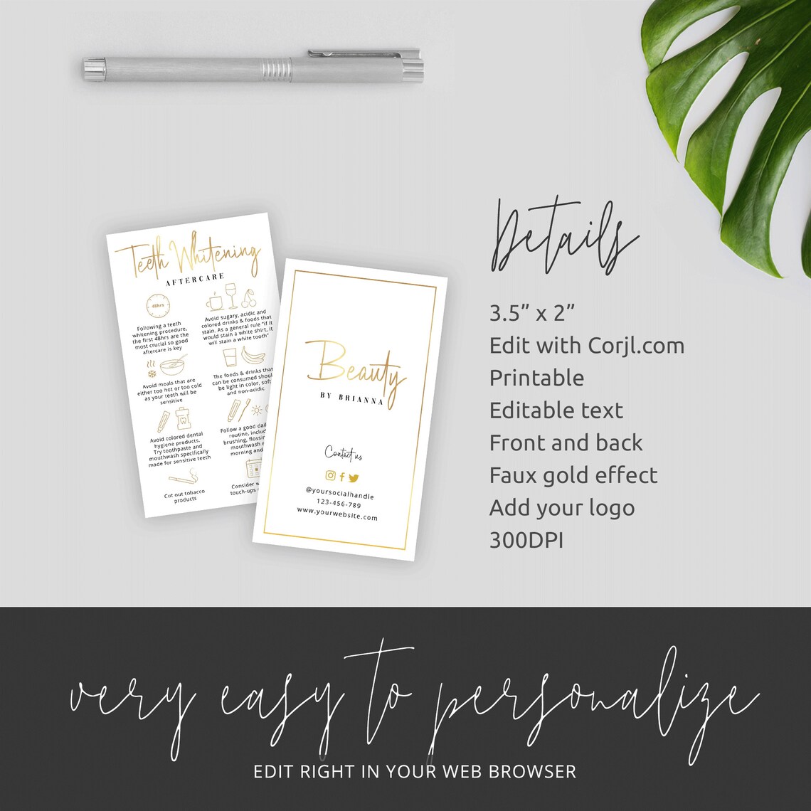 Teeth Whitening Care Card Template Faux Gold Teeth Whitening Etsy
