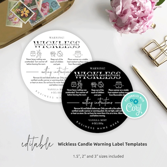 Wickless Candle Warning Label Template, Editable No Wick Candle Safety Label, 1.5" 2" 3" Wax Melts Warning Sticker Printable, Instant M-002