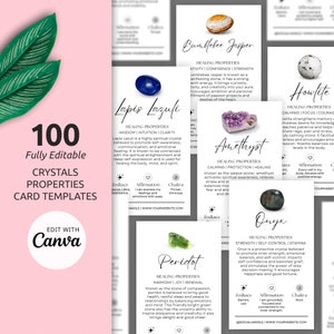100 kristallen genezende eigenschappen kaarten sjabloon canvas, bewerkbare edelstenen betekenissen, afdrukbare kristallen bevestigingen sterrenbeeld en chakra-gidsen