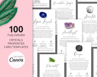 Plantilla de Canva con 100 tarjetas con propiedades curativas de cristales, significados de piedras preciosas editables, afirmaciones de cristales imprimibles, guías del zodíaco y chakras.