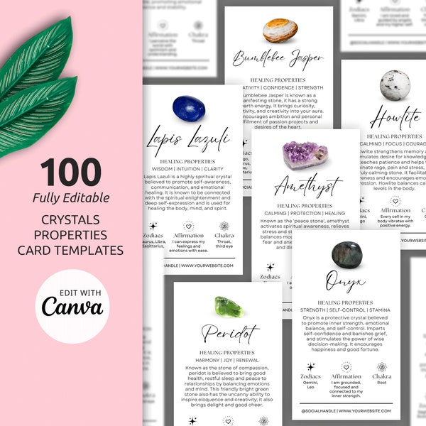 100 Crystals Healing Properties Cards Template Canva, Editable Gemstones Meanings, Printable Crystals Affirmations Zodiac & Chakra Guides