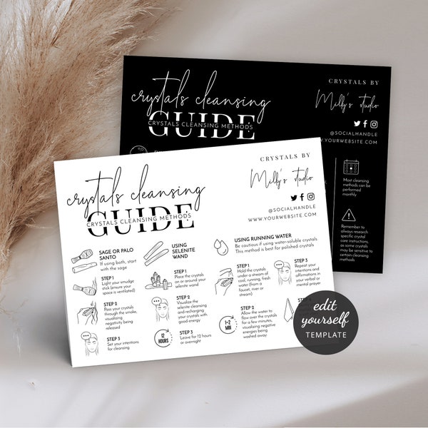 Crystals Cleansing Guide Template, How to Recharge Crystals Care Card, Minimalist Design, Customizable Instructions, Digital Download M-002