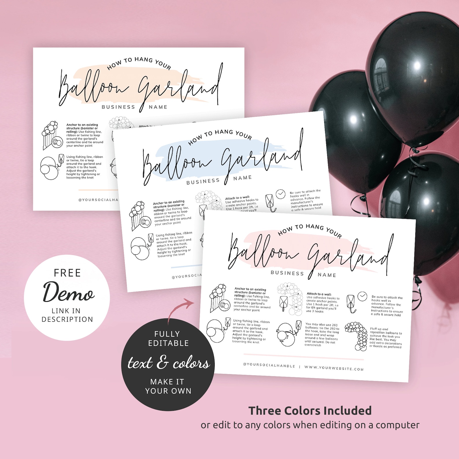 Balloon Garland Instructions Card Template, Editable Balloons Wall ...