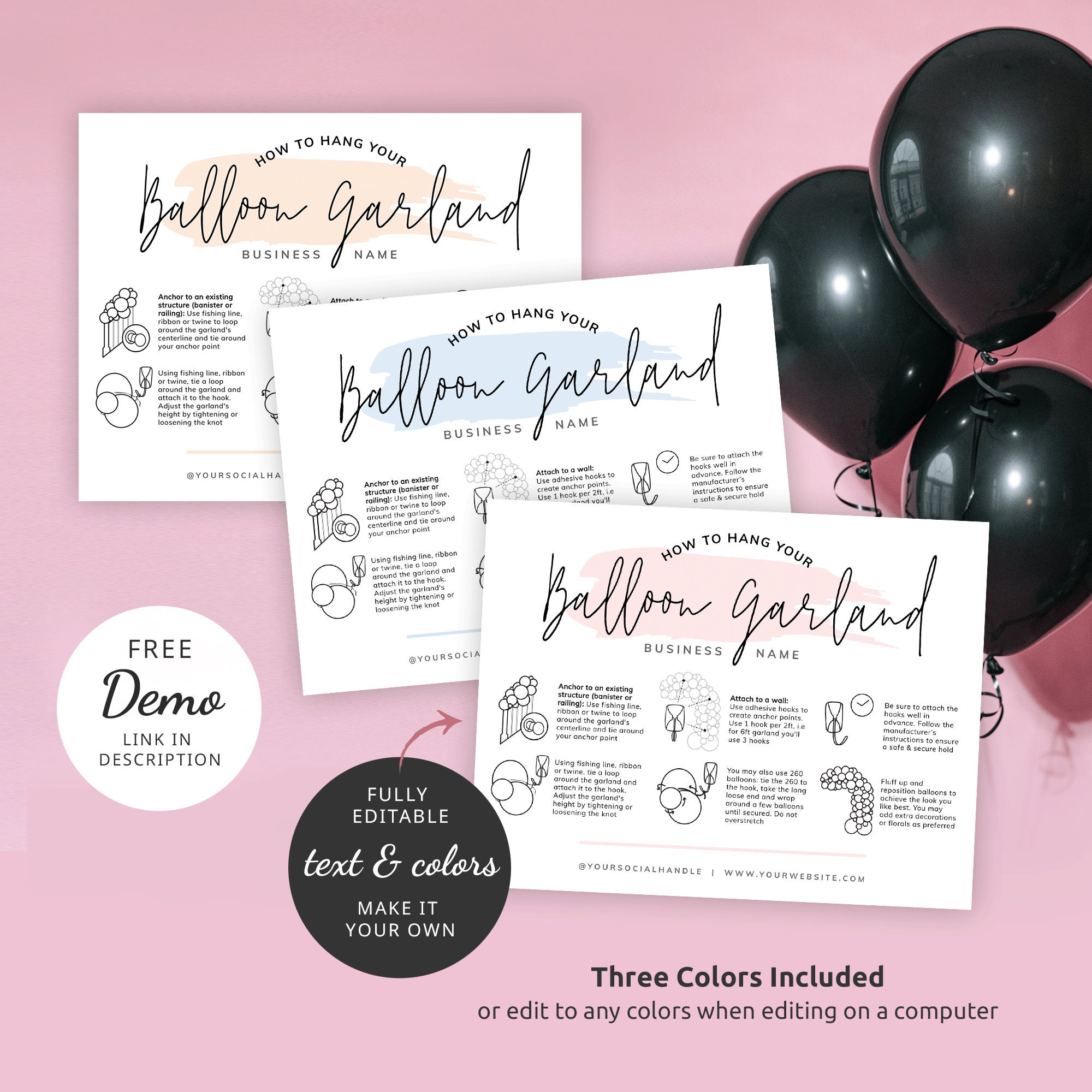 Balloon Garland Instructions Card Template, Editable Balloons Wall Mounting  Guide, Feminine Design Balloon Decor Artist Care Card, PW-001 