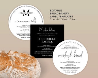 May include: Editable bread bakery label templates in three layouts and two colors. The image shows three label designs: cinnamon rolls, sourdough bagels, and sourdough bread. Each label includes ingredients, allergen information, and net weight of 24 oz (680g).