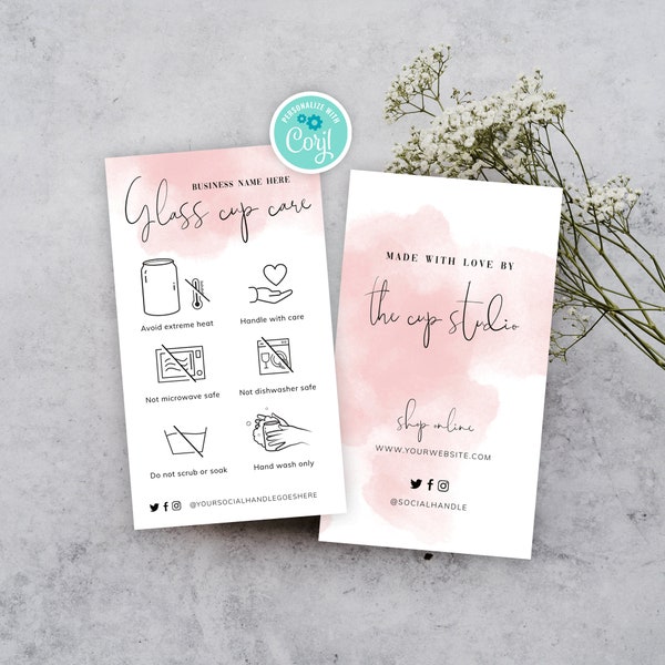 Glass Cup Care Card Template, Editable Beer Tumbler Care Guide, Printable Glassware Washing Instructions, Feminine Watercolor WS01